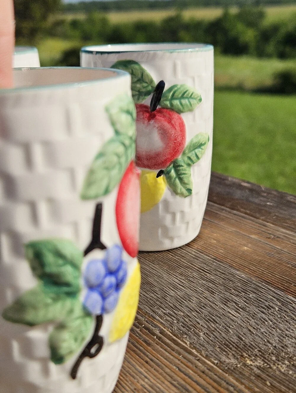 Set of 5 Vtg Japanese Ceramic Juice Cups Tumblers Basket Weave Fruit MCM Japan